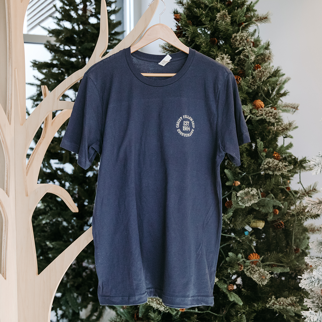Adult Crew Tee in navy with tan lettering